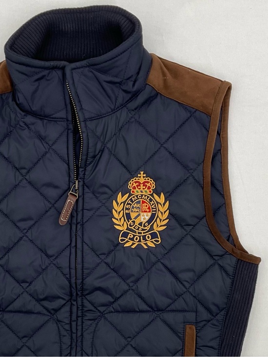 Ralph Lauren Jackets & Blazers - Polo Ralph Lauren Crest Quilted Vest Navy Lamb Suede Trim Equestrian Size Small